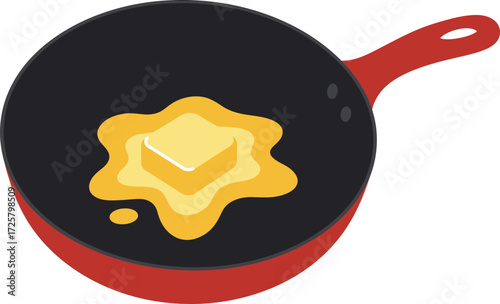 Bright red frying pan with melting butter in a star shape cooking breakfast food preparing delicious morning meal isolated on transparent background
