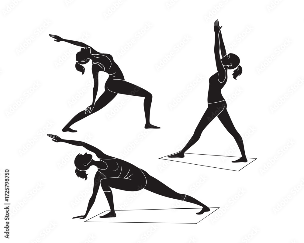Fototapeta premium Silhouette illustration of three women performing yoga poses on mats
