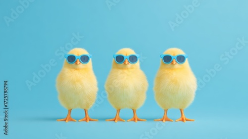 Three yellow chicks wearing blue sunglasses on a light blue background