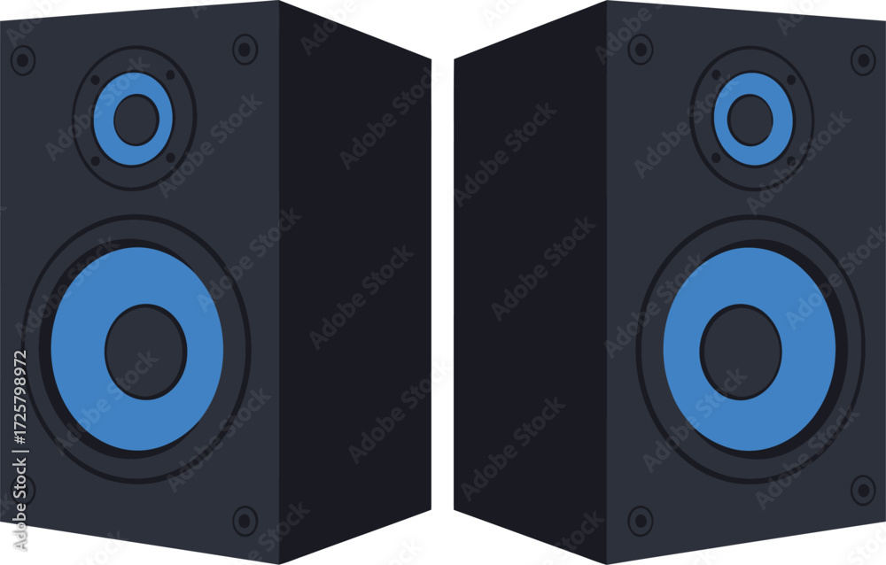 Fototapeta premium Two modern black speakers with glowing blue accents offering powerful audio experiences for immersive sound systems isolated on transparent background