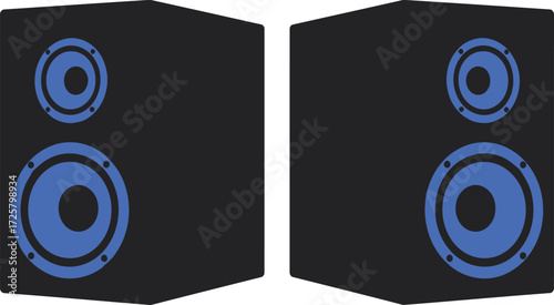 Two black studio monitor speakers with vibrant blue drivers displayed side-by-side isolated on transparent background