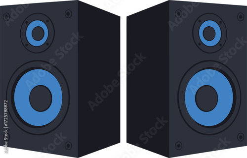 Two modern black speakers with glowing blue accents offering powerful audio experiences for immersive sound systems isolated on transparent background