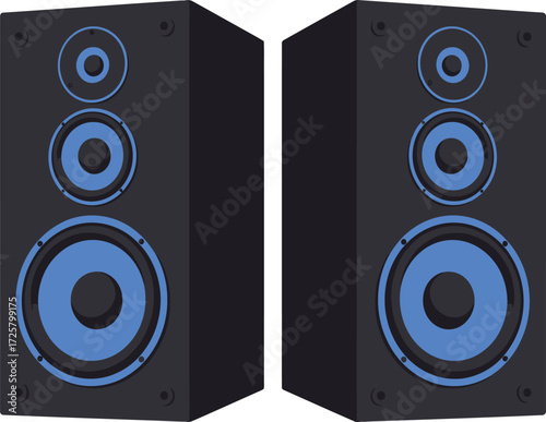 Modern black stereo speaker system with vibrant blue led lighting for immersive audio and home entertainment isolated on transparent background