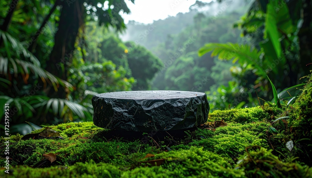 Obraz premium Dark stone disc on mossy forest floor. Lush, green jungle backdrop