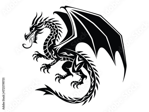 Intricate black dragon tattoo design with detailed scales and fierce expression on skin
