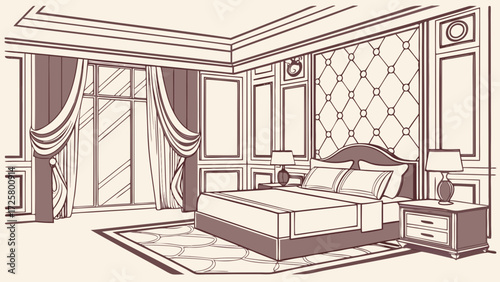 A bedroom interior with a bed, two nightstands, a window, and decorative wall panels is illustrated