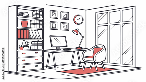 Illustration of a home office setup with desk, computer, chair, bookcase, and window, with a modern design