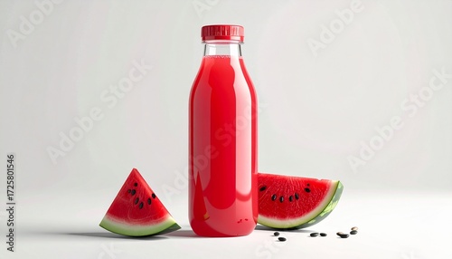 Refreshing watermelon juice in a bottle with slices, perfect for summer ads, vibrant red color, healthy lifestyle, and promoting natural hydration benefits