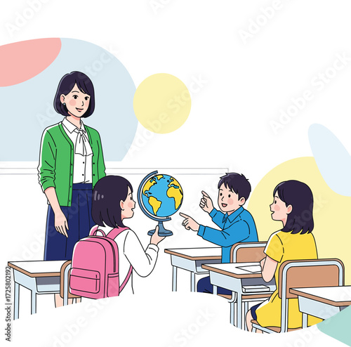 Vector, illustration of a teacher with students and a globe for poster, education, assets