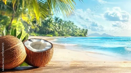 Wallpaper Mural Coconuts on a sandy beach with palm trees and a clear blue ocean in the background. The scene captures a tropical paradise atmosphere. Torontodigital.ca