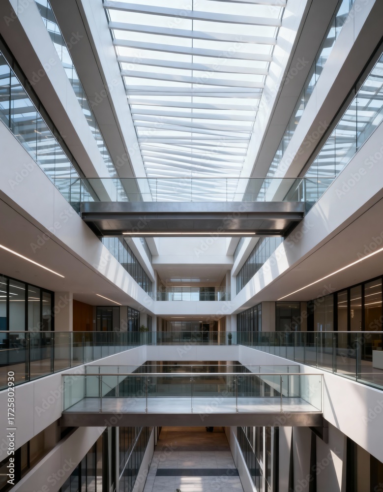 Fototapeta premium Modern office atrium with skybridge and glass roof structure