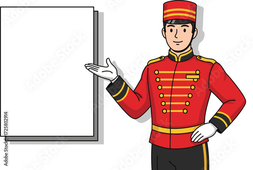 Cartoon bellhop guide, red uniform, blank sign, service gesture, vector illustration, concierge character, hotel mascot, presentation concept, stock design