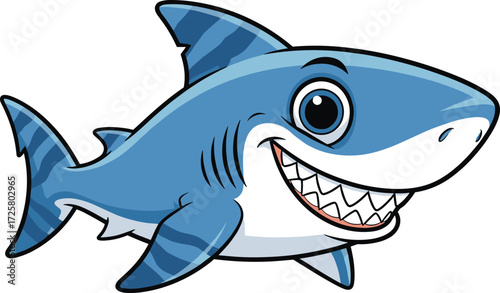 Cartoon blue shark with big smile and sharp teeth, friendly ocean animal illustration for kids, sea, marine, underwater design