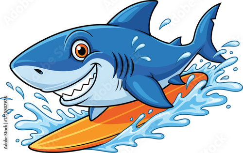 Cartoon blue shark, surfing character, orange surfboard, ocean splash, fun animal, children’s illustration, summer theme, vector art, stock mascot design