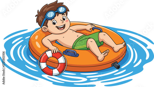Cartoon boy relaxing on pool float with lifebuoy and goggles, summer water activity illustration for kids, fun, safety, vector design