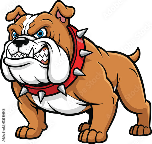 Cartoon bulldog character, fierce expression, muscular dog, spiked collar, aggressive stance, blue eyes, vector mascot, tough pet, stock illustration