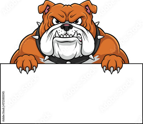 Cartoon bulldog mascot, fierce dog character, blank sign, aggressive expression, sports logo, school emblem, vector illustration, editable design template