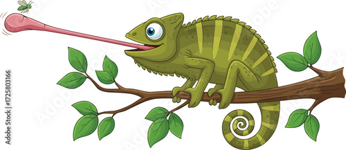 Cartoon chameleon catching insect with long tongue on tree branch, nature animal illustration for kids, jungle, wildlife, hunting design