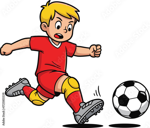 Cartoon child playing soccer, red uniform, kicking ball action pose, blonde hair, energetic sports illustration, youth athlete, white background vector