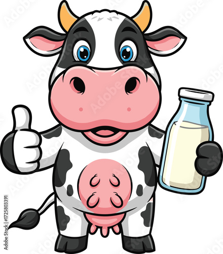Cartoon cow holding milk bottle and giving thumbs up, dairy farm animal illustration for kids, funny, product, mascot, vector design