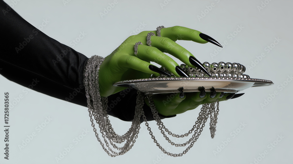 custom made wallpaper toronto digitalWitch's green hand on solid white background, green skin, long black pointy nails and black dress sleeve showing. Palm should be facing up and open as if holding a platter, halloween banner background