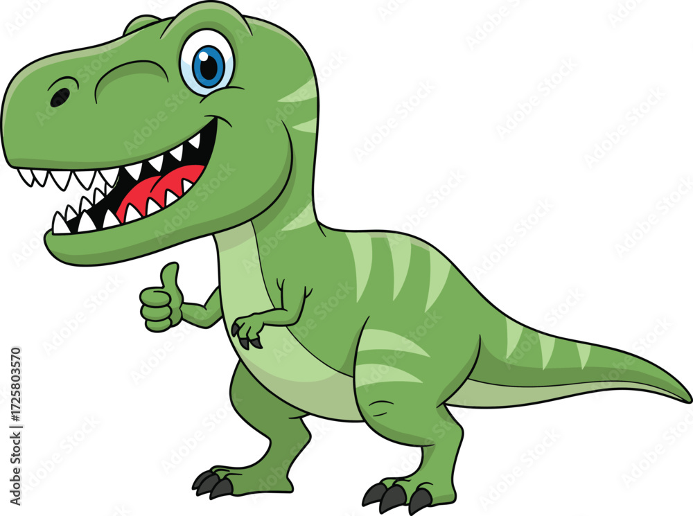 Naklejka premium Cartoon green dinosaur, friendly T-rex, thumbs-up gesture, smiling reptile, children’s character, vector art, educational mascot, fun pose, stock design