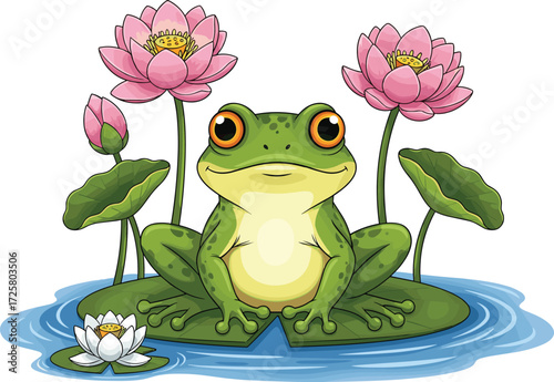 Cartoon frog sitting on lily pad with lotus flowers, pond nature illustration for kids, wildlife, botanical, aquatic, peaceful design