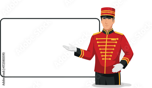 Cartoon hotel bellhop character in red uniform holding blank sign, hospitality vector illustration for service, welcome, signage, customer support