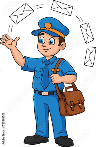 Cartoon mail carrier in blue uniform waving with envelopes, postal worker illustration for kids, delivery, service, job, character, vector design