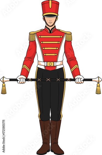 Cartoon marching band character, red uniform, gold buttons, baton pose, ceremonial outfit, vector art, parade leader, stock illustration, formal stance