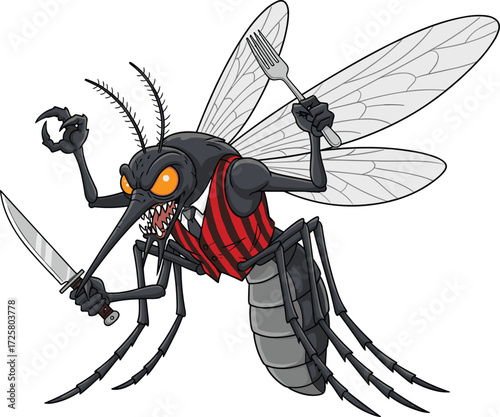 Cartoon mosquito character with knife and fork, aggressive insect illustration, red striped vest, villain bug design, white background vector clipart