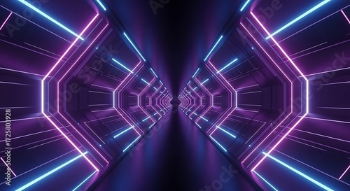 Fototapeta Naklejka Na Ścianę i Meble -  Futuristic hexagonal tunnel with neon pink and blue lights