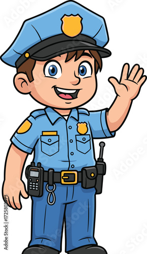Cartoon police officer in blue uniform waving with smile, law enforcement character illustration for kids, safety, patrol, job, vector design
