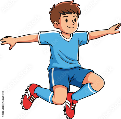 Cartoon soccer player jumping in blue uniform with red cleats, sports character illustration for kids, celebration, energy, action, vector design