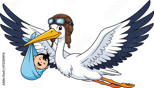 Cartoon stork flying, baby delivery, pilot helmet, aviator go