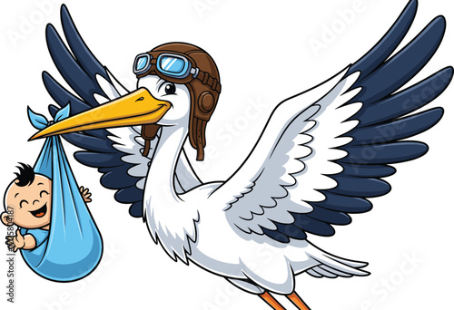 Cartoon stork flying, baby delivery, pilot helmet, aviator goggles, blue sling, smiling infant, vector art, folklore theme, stock illustration