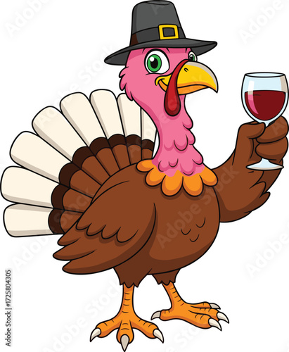 Cartoon turkey in pilgrim hat holding wine glass, festive Thanksgiving character illustration for humor, holiday, celebration,  vector turkey in pilgrim hat holding wine glass, festive,  