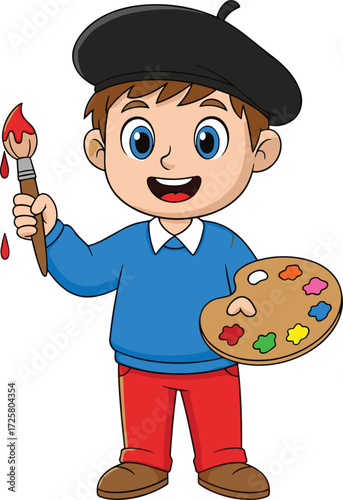 Cartoon, boy, artist, painting, palette, brush, creative, colorful, child, beret, red pants, smiling, vector, illustration, art, expression, character, drawing, fun, talent
