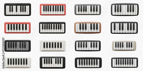 Collection of sixteen stylized keyboard instruments with black and white keys, various frame colors, arranged on a transparent background.