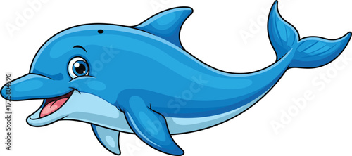 Cartoon, dolphin, smiling, blue, marine, animal, ocean, vector, illustration, cheerful, aquatic, character, friendly, fluke, fins, playful, sea, cute, expressive, swimming
