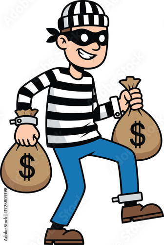 Cartoon, burglar, thief, money, bags, mask, striped shirt, sneaky, character, crime, robbery, vector, illustration, funny, criminal, beanie, walking, dynamic, pose, humor