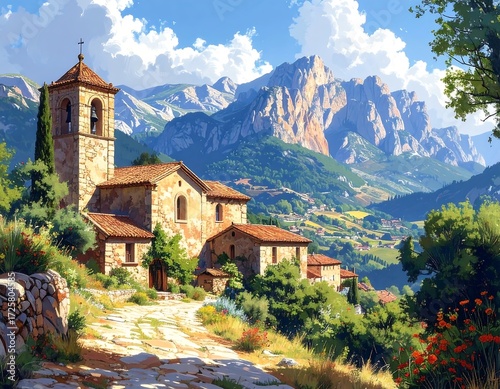 Alpine Village Church under Sunny Sky