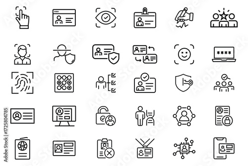 Identity icon set.  Authentication linear icons collection.  Identity Check, Security, Authentication, Scanner, Finger, Biometric, Identity, Password, Key, Print and more. Editable Stroke. 