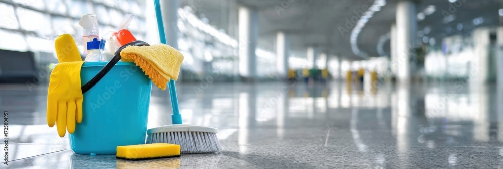 Fototapeta premium Cleaning Supplies Ready for Use in a Bright and Spacious Airport Terminal Environment With Polished Floors