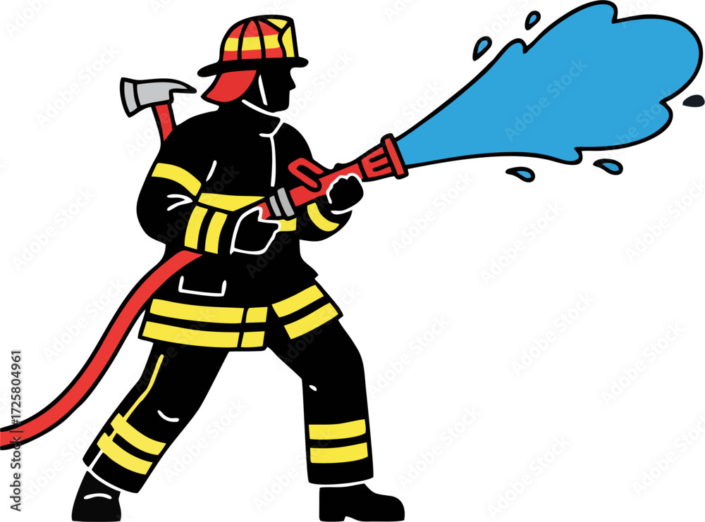 Obraz premium Firefighter Silhouette Vector – Fireman with Axe and Hose Spraying Water, Yellow Striped Suit