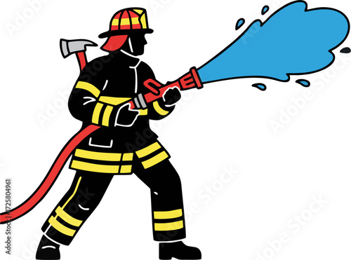 Firefighter Silhouette Vector – Fireman with Axe and Hose Spraying Water, Yellow Striped Suit