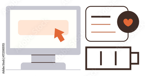 Monitor with pointer on a button, chat bubble with heart icon, battery symbol. Ideal for productivity, technology, communication, interaction, energy efficiency minimalism. Simple flat metaphor