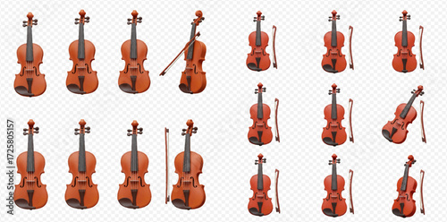 Collection of classical wooden violins and bows displayed in various arrangements on a transparent background, showcasing musical instruments.