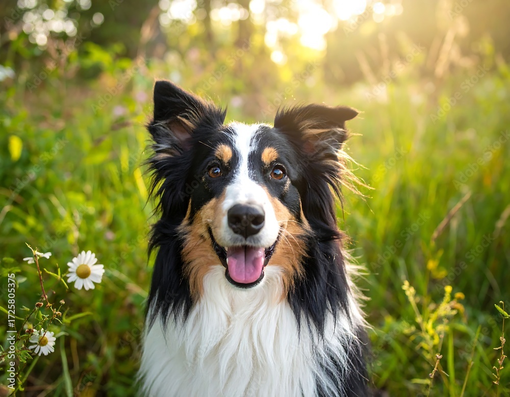 Fototapeta premium Dog in a meadow at sunset