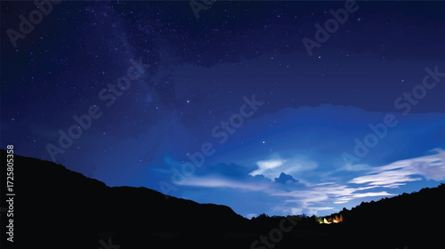 A serene night sky filled with stars, illuminated by a soft blue hue, with silhouettes of mountains in the foreground and distant lights from a small settlement